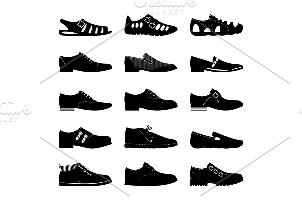 Black footwear icon set. Boots