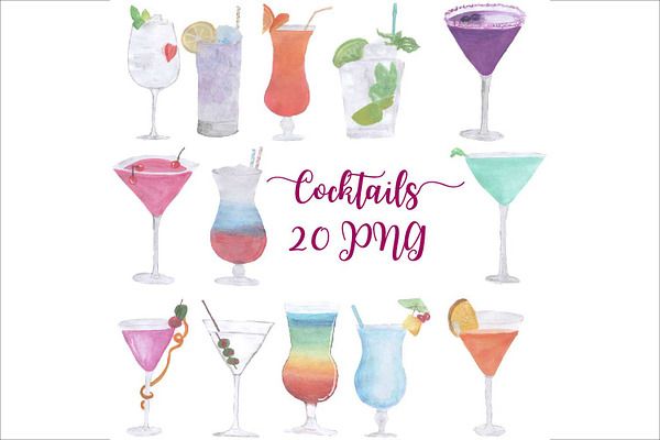 Hand Drawn Watercolor Cocktails