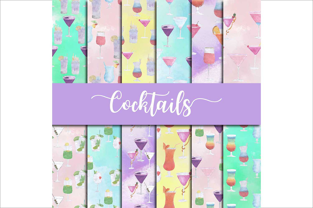 Watercolor Cocktail Digital Paper in Textures - product preview 8