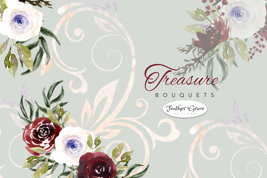 Burgundy Watercolor Florals  in Illustrations - product preview 8