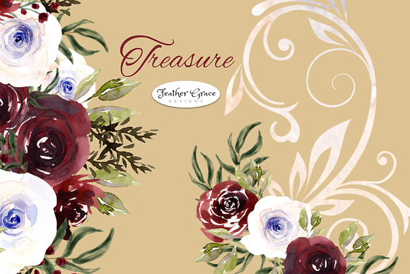 Burgundy Watercolor Florals  in Illustrations - product preview 1