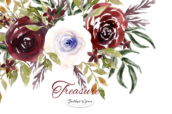 Burgundy Watercolor Florals  in Illustrations - product preview 2