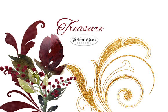 Burgundy Watercolor Florals  in Illustrations - product preview 3