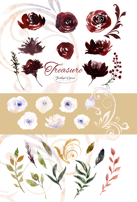 Burgundy Watercolor Florals  in Illustrations - product preview 5