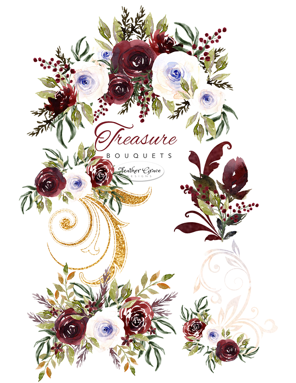 Burgundy Watercolor Florals  in Illustrations - product preview 9