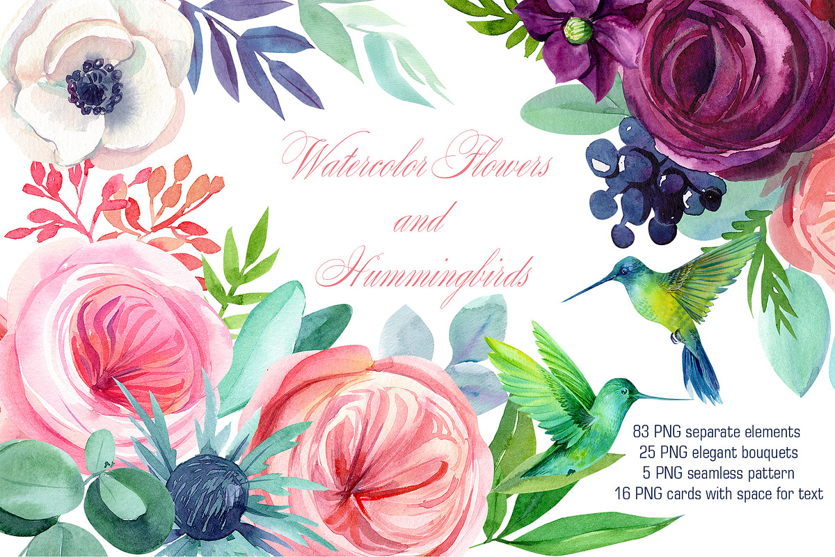 Watercolor flowers, hummingbirds in Illustrations - product preview 8