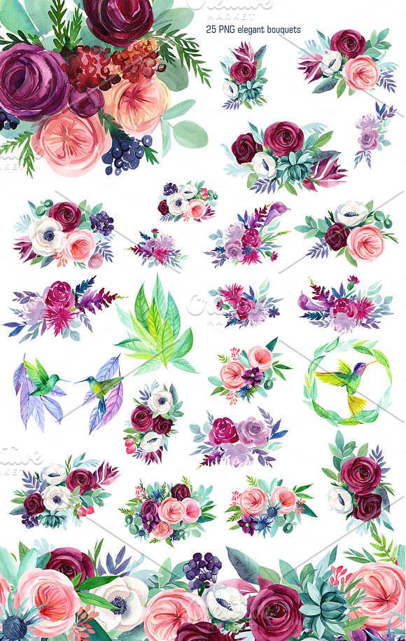Watercolor flowers, hummingbirds in Illustrations - product preview 4