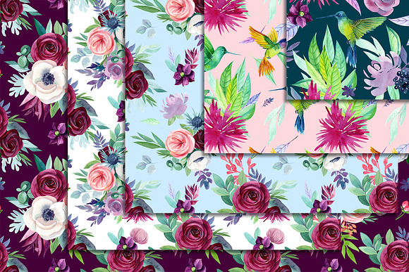 Watercolor flowers, hummingbirds in Illustrations - product preview 6