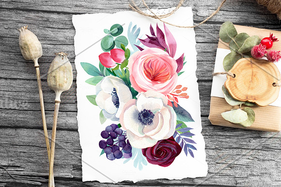 Watercolor flowers, hummingbirds in Illustrations - product preview 7