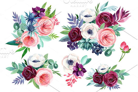 Watercolor flowers, hummingbirds in Illustrations - product preview 8