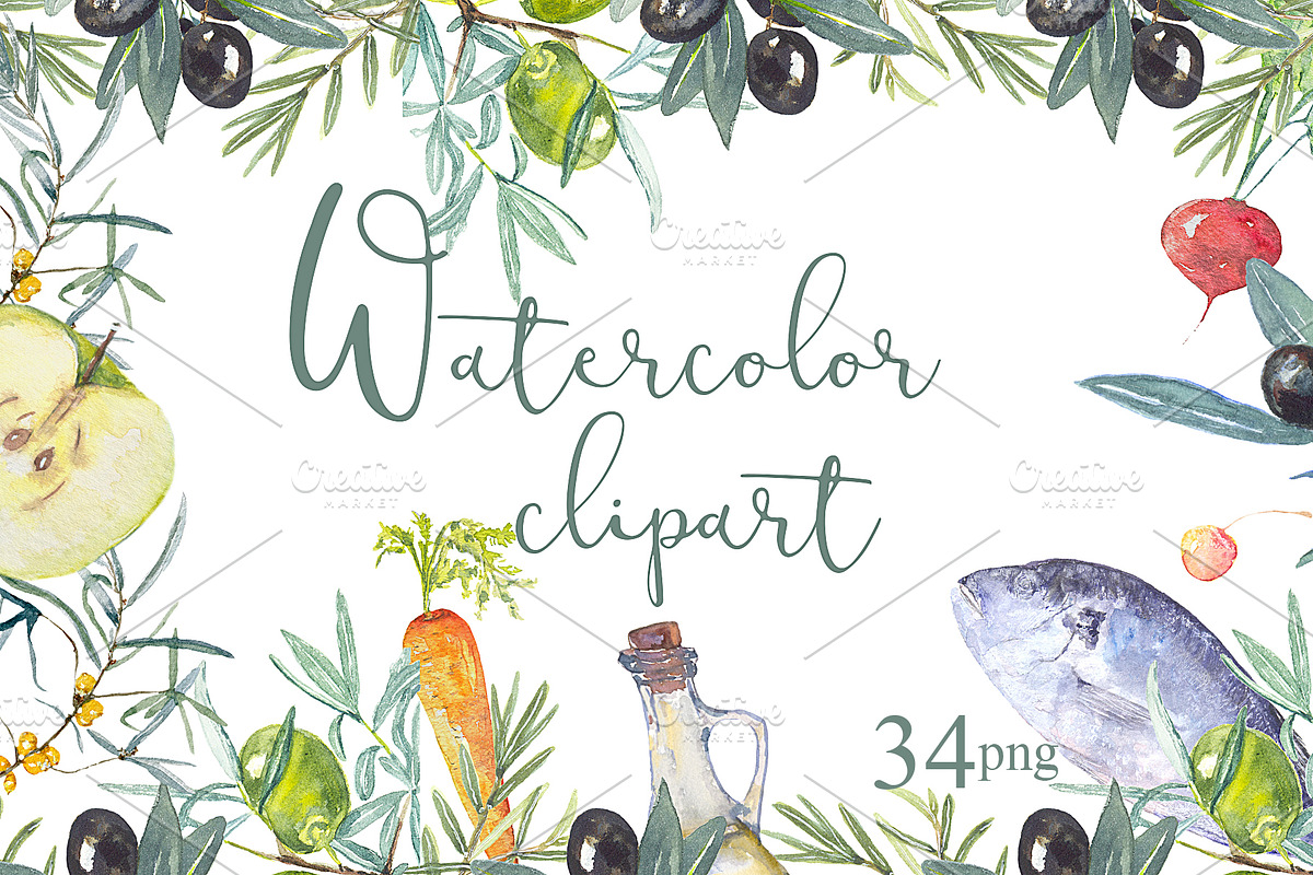 Fruit vegetables food watercolor in Illustrations - product preview 8