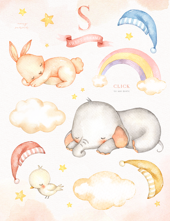 Sweet Dreams Watercolor Clip Art in Illustrations - product preview 1
