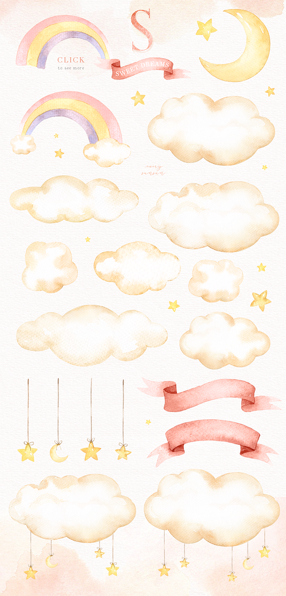 Sweet Dreams Watercolor Clip Art in Illustrations - product preview 3