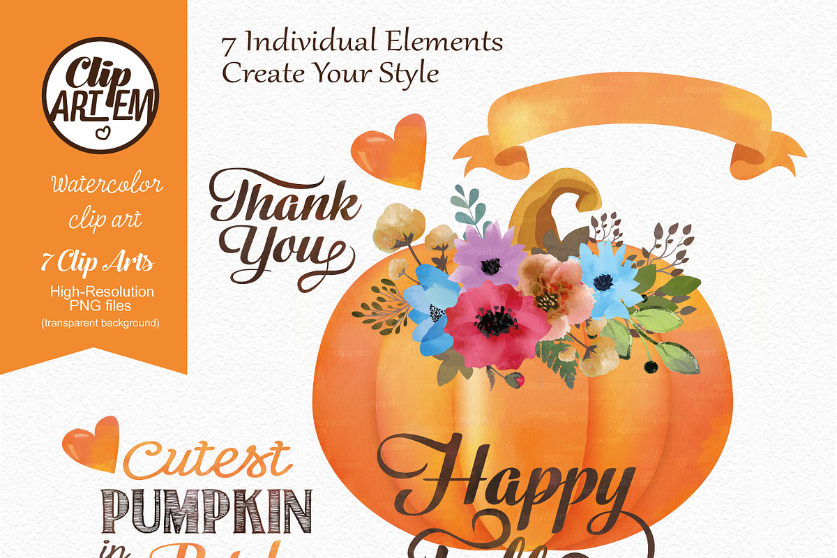 Watercolor Pumpkin, Fall clip Art in Illustrations - product preview 8