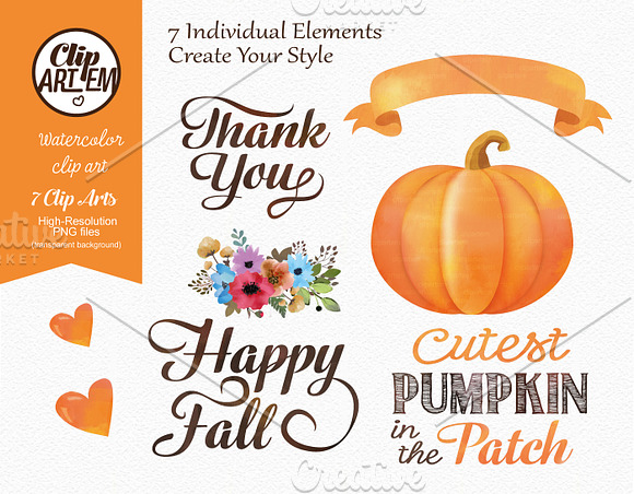Watercolor Pumpkin, Fall clip Art in Illustrations - product preview 1