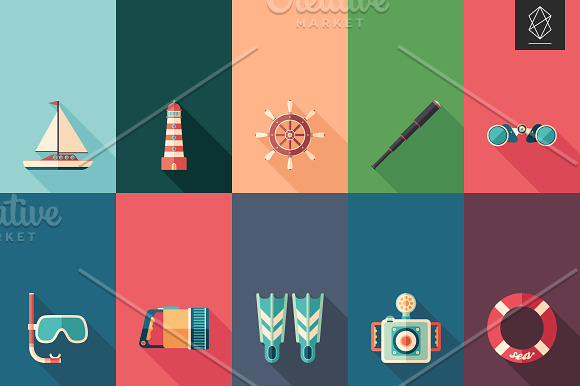Sun sea summer flat icon set in Graphics - product preview 1