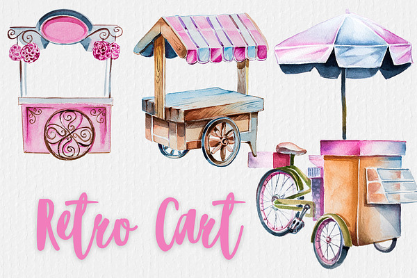 Watercolor Retro Cart Clipart