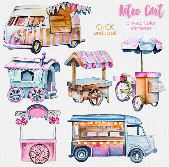 Watercolor Retro Cart Clipart in Illustrations - product preview 1