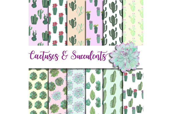 Watercolor Cactuses Digital Paper
