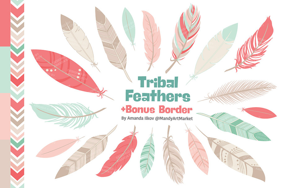 Mint & Coral Feathers Clipart