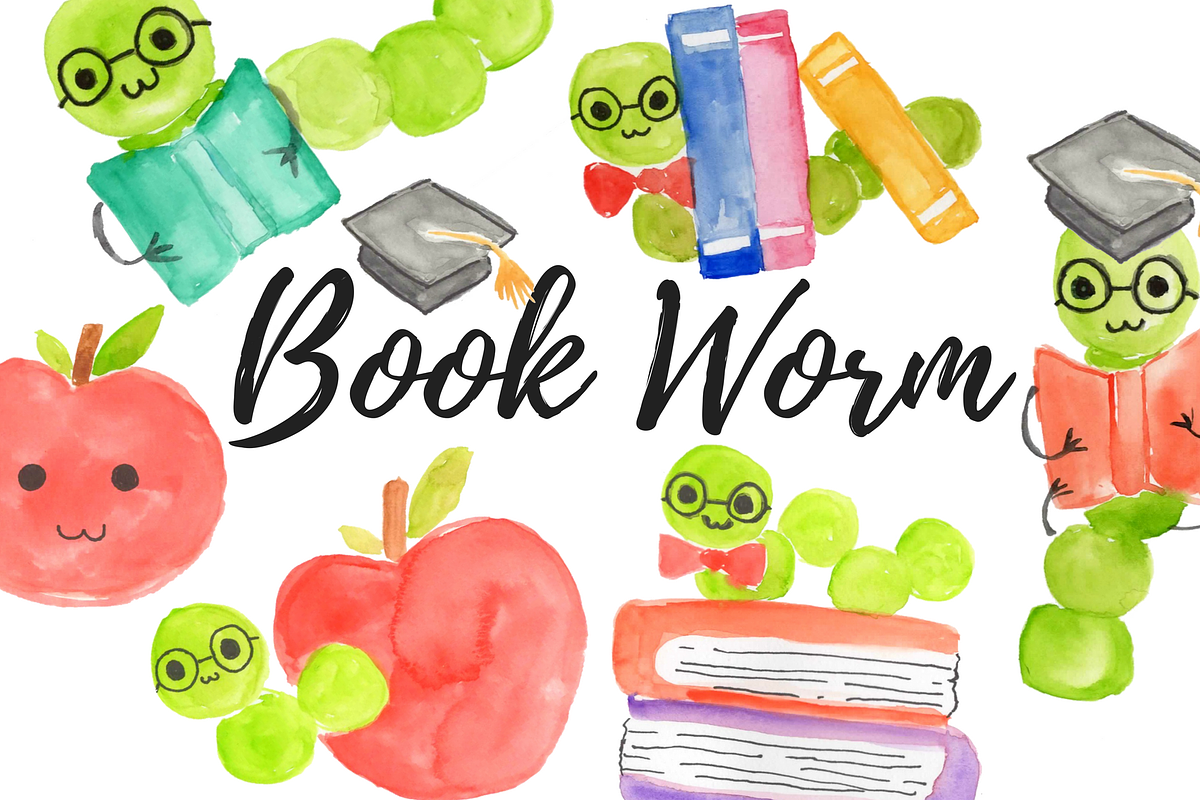 Watercolor school bookworm clipart in Illustrations - product preview 8