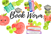 Watercolor school bookworm clipart