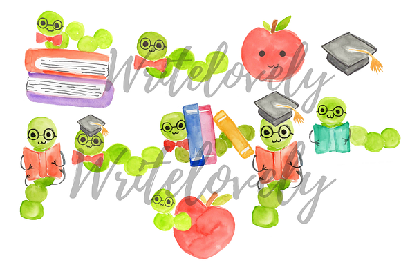 Watercolor school bookworm clipart in Illustrations - product preview 1
