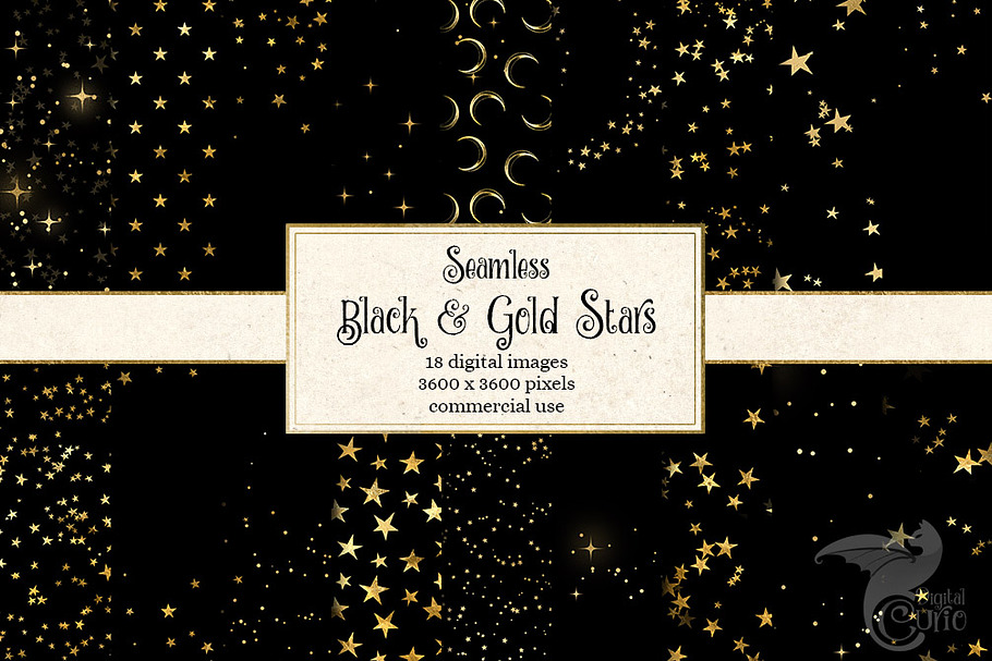 Black and Gold Stars Digital Paper