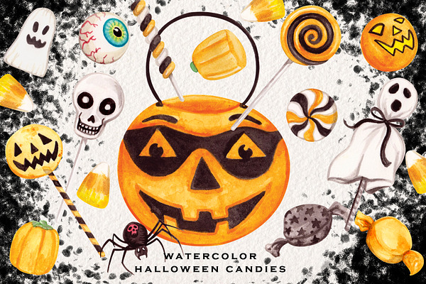 Watercolor Halloween Candies Clipart