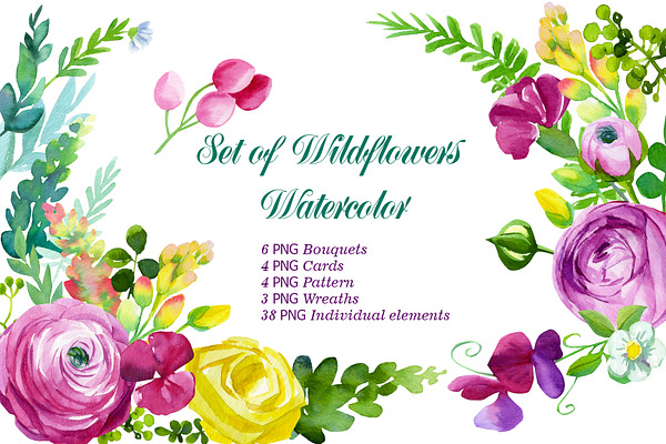 Set of wildflowers, watercolor