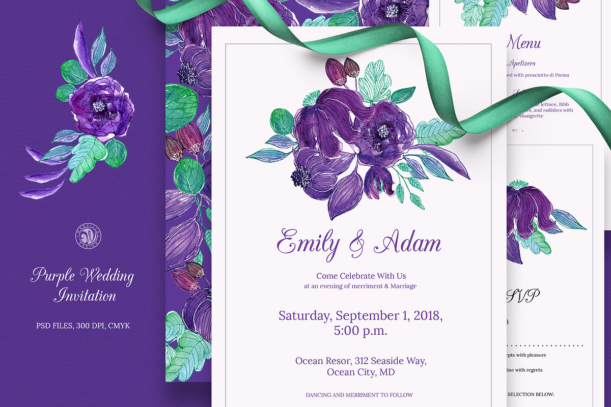 Purple Wedding Invitation Set in Wedding Templates - product preview 8
