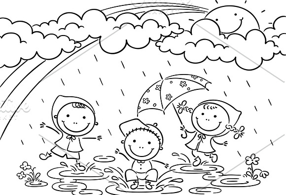 Kids playing in the rain in Illustrations - product preview 1