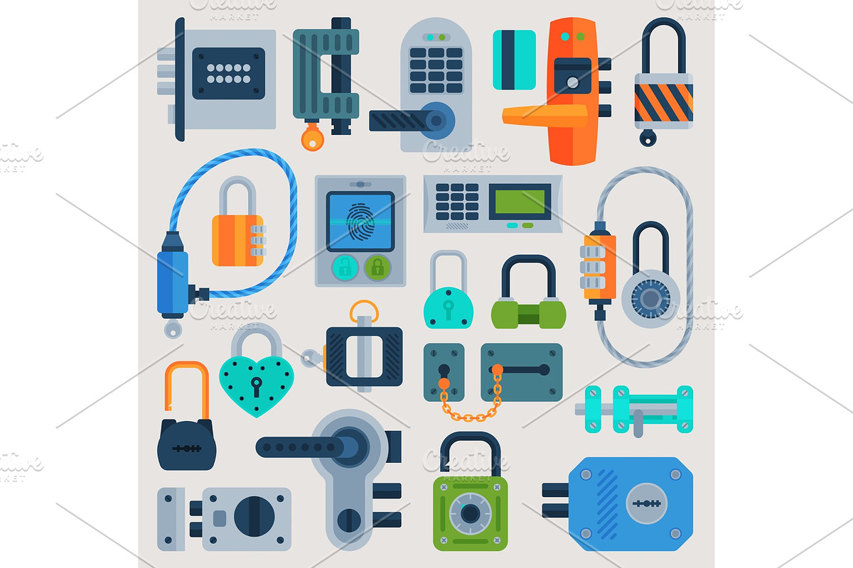 Lock door vector flat icons set in Objects - product preview 8