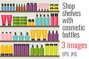 Shop shelves with cosmetic bottles