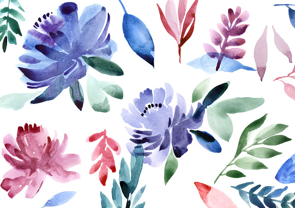 Watercolor flowers and leaves in Illustrations - product preview 1