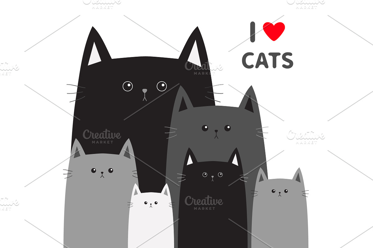 Black gray cat head face I love cats in Illustrations - product preview 8