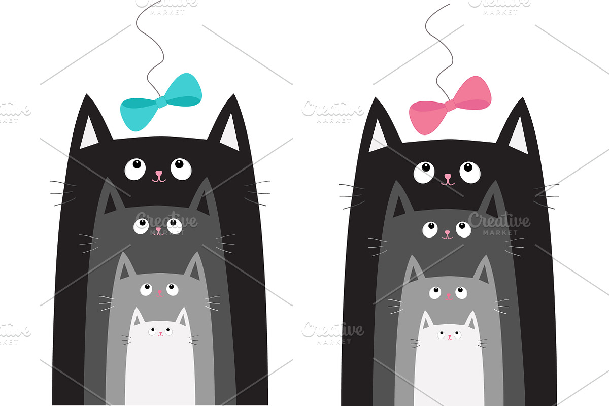 Black gray cat head looking at bow in Illustrations - product preview 8