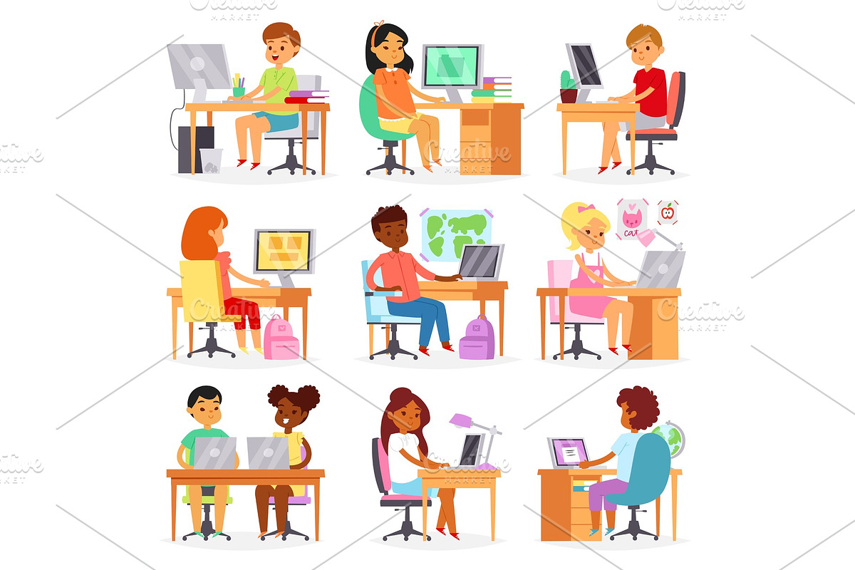 Kids computer vector child studying in Illustrations - product preview 8