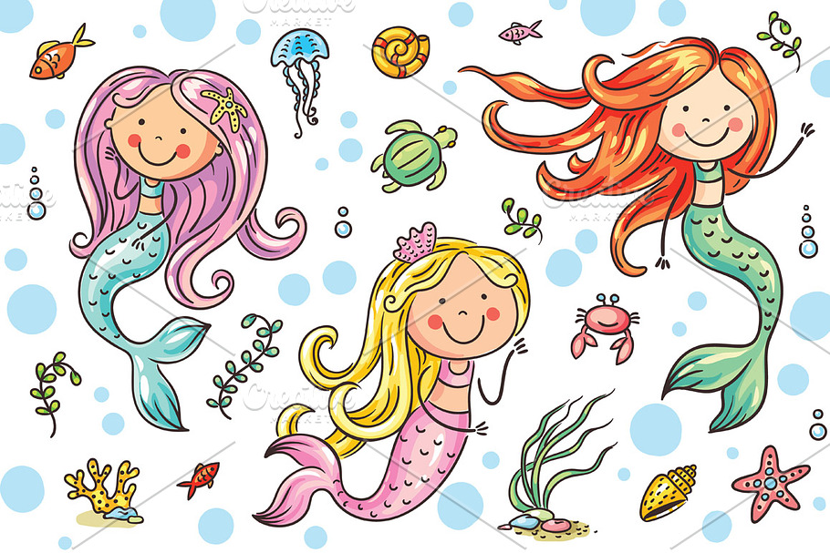 Cartoon mermaid and sea life set