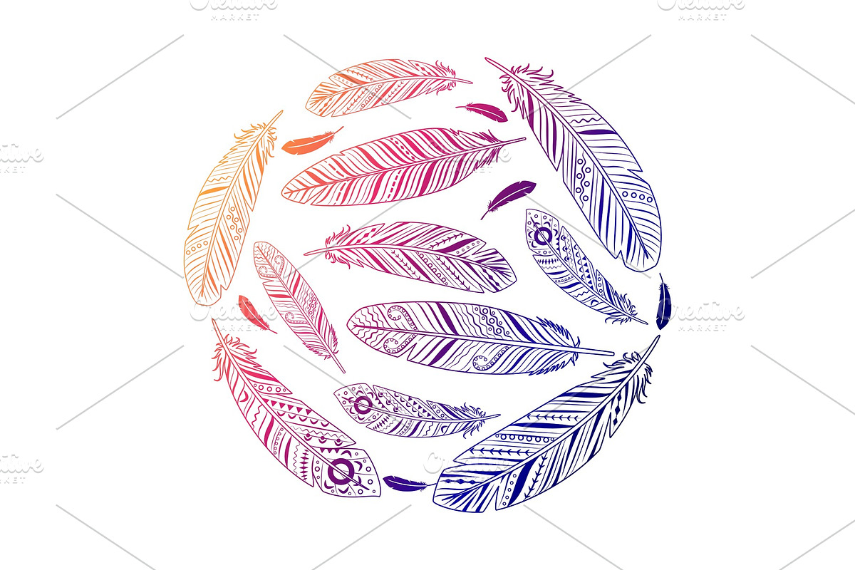 Ethnic feathers round colored emblem in Illustrations - product preview 8