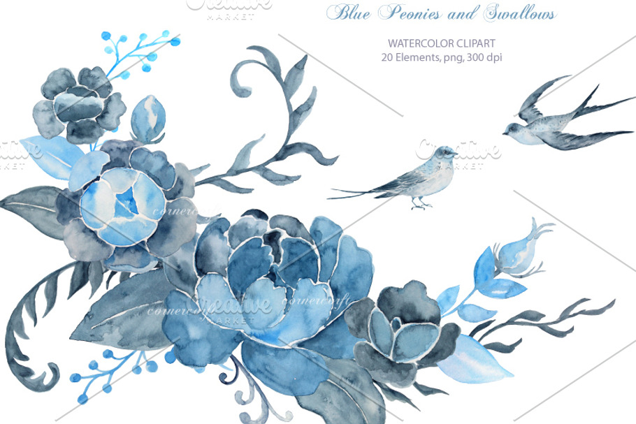 Wedding Clipart Blue Peony Swallows
