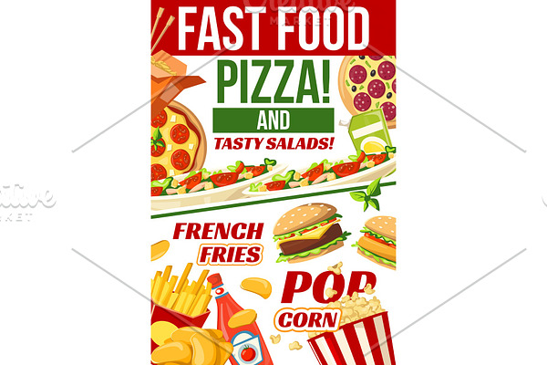 Fast food pizza, popcorn and fries
