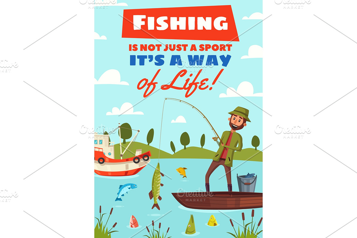 Fishing hobby sport cartoon poster in Illustrations - product preview 8