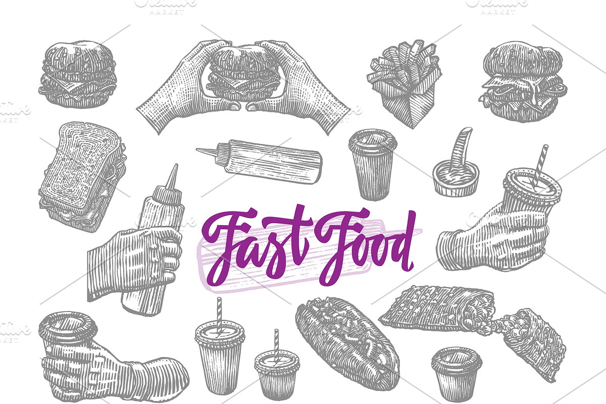 Sketch Fast Food Elements Set in Graphics - product preview 8