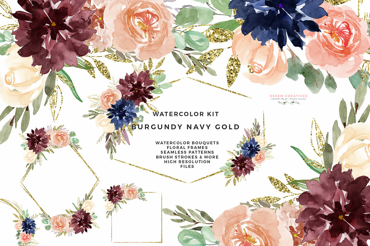 Burgundy Navy Gold Watercolor Floral in Illustrations - product preview 8