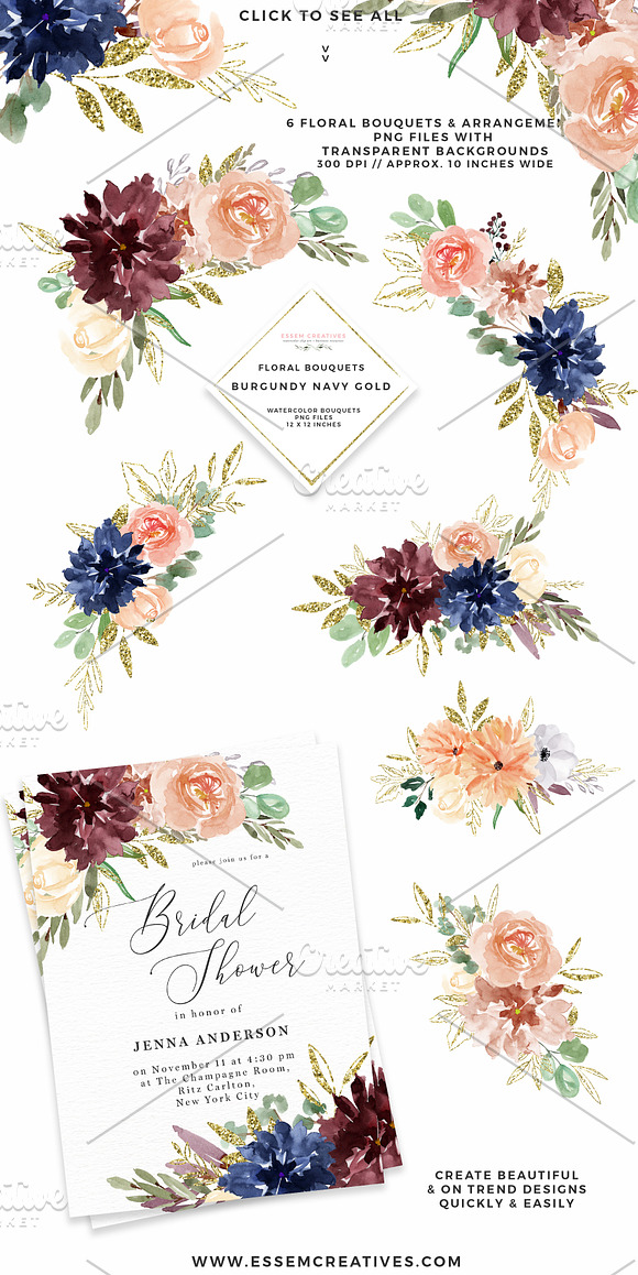 Burgundy Navy Gold Watercolor Floral in Illustrations - product preview 2