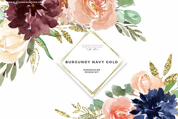 Burgundy Navy Gold Watercolor Floral in Illustrations - product preview 3