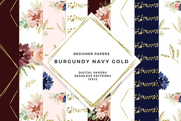 Burgundy Navy Gold Watercolor Floral in Illustrations - product preview 4