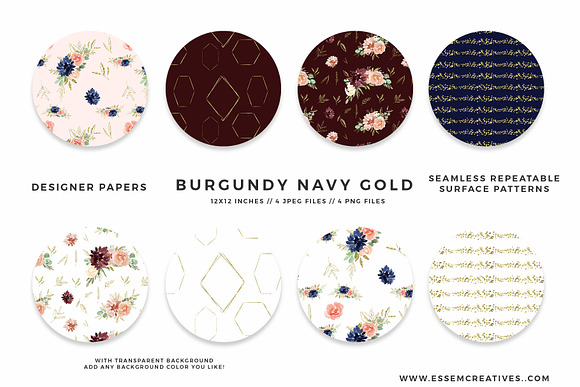 Burgundy Navy Gold Watercolor Floral in Illustrations - product preview 5