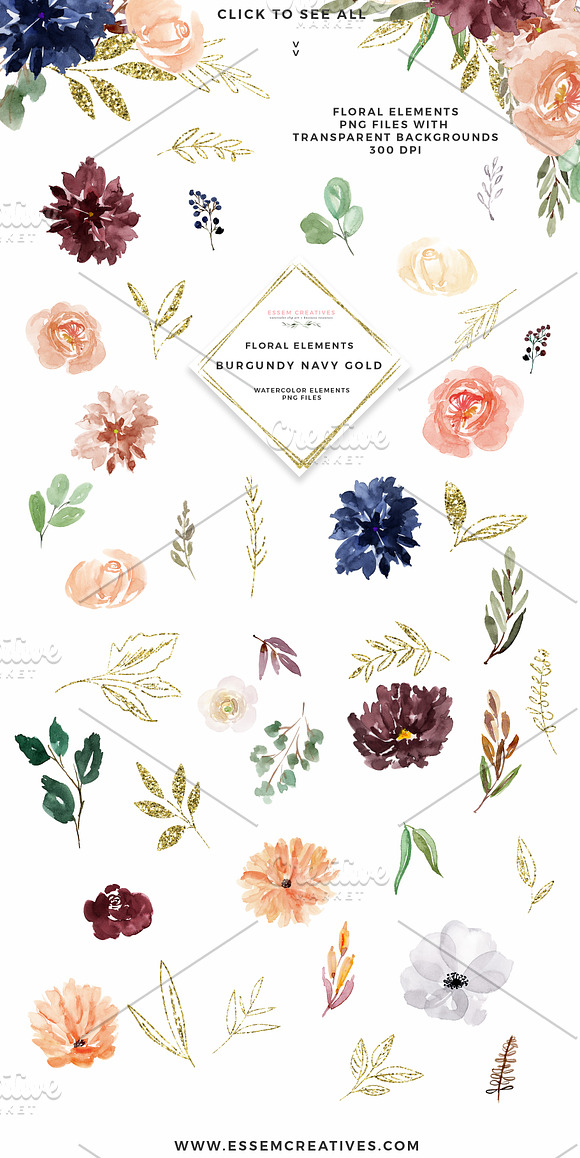Burgundy Navy Gold Watercolor Floral in Illustrations - product preview 6
